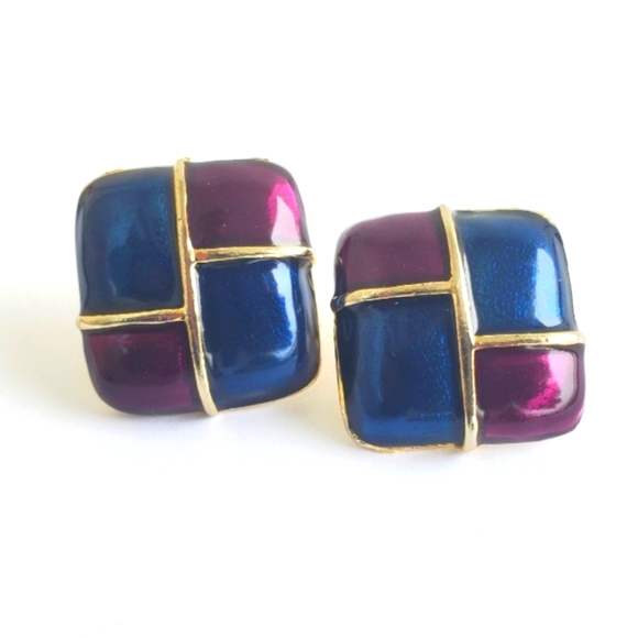 Vintage 1980's Chunky Enamel Earrings clip ons Blue, Purple - Picture 3 of 5